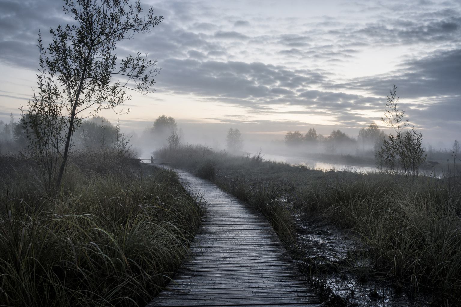 Holzsteg durch nebliges Torfmoor in Norddeutschland